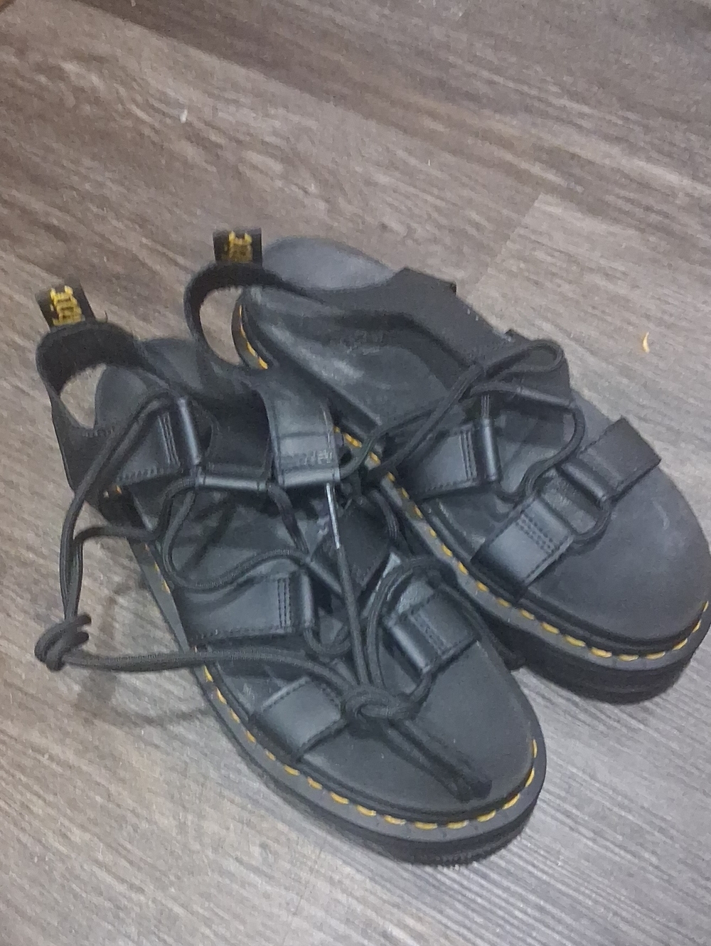 Dr. Martens Black Leather Platform Lace-Up Sandals with Yellow Stitching